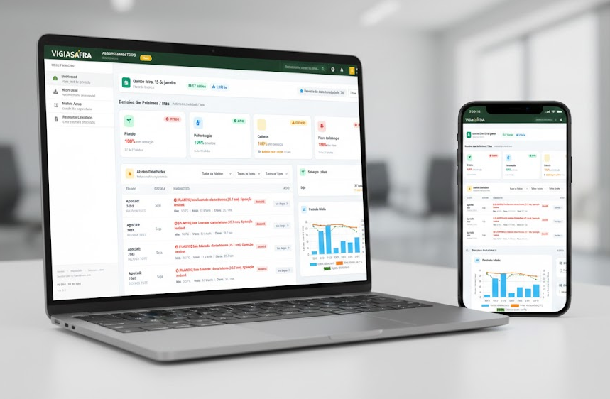 VigiaSafra - Dashboard em laptop e celular mostrando monitoramento climático